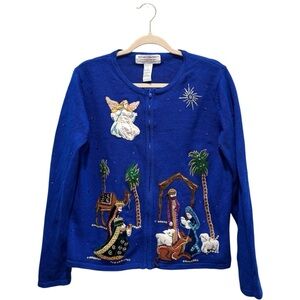 VTG Heirloom Collectibles Nativity Christmas Knit Sweater Novelty Holiday Blue L